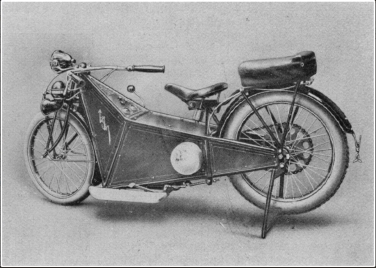 Eine s/w Abbildung des ersten vollelektronischen Motorrades aus dem Jahr 1925, gebaut in München © Motopedia