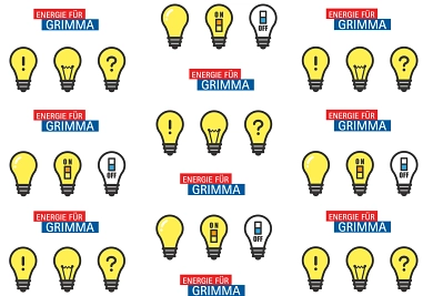 Energiesparen verschiedene Glühbirnen im Comicstil, in einer Glühbirne ist ein Fragezeichen, in einer anderen ein Ausrufezeichen. Dazwischen der Slogan der Stadtwerke Grimma "Energie für Grimma" © Stadtwerke Grimma GmbH