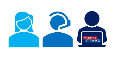 Kundenservice Man sieht drei Symbole für Mitarbeiter, eine Frau mit langen Haaren, eine Person mit Headset und eine Person hinter einem Laptop. Auf dem Laptop steht unser Slogan "Energie für Grimma" © Stadtwerke Grimma GmbH