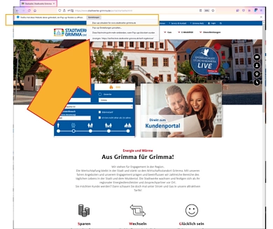 EIn Bildshcimfoto unserer Startseite mit einem hinweis zur Pop Up Deaktivierung beim Browser Firefox © Stadtwerke Grimma GmbH