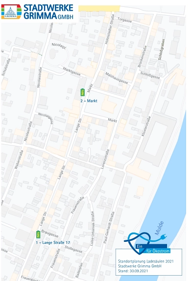 Eine Straßenkarte der Grimmaer Altstadt mit Verzeichnung der ersten beiden Standorte. © Stadtwerke Grimma GmbH