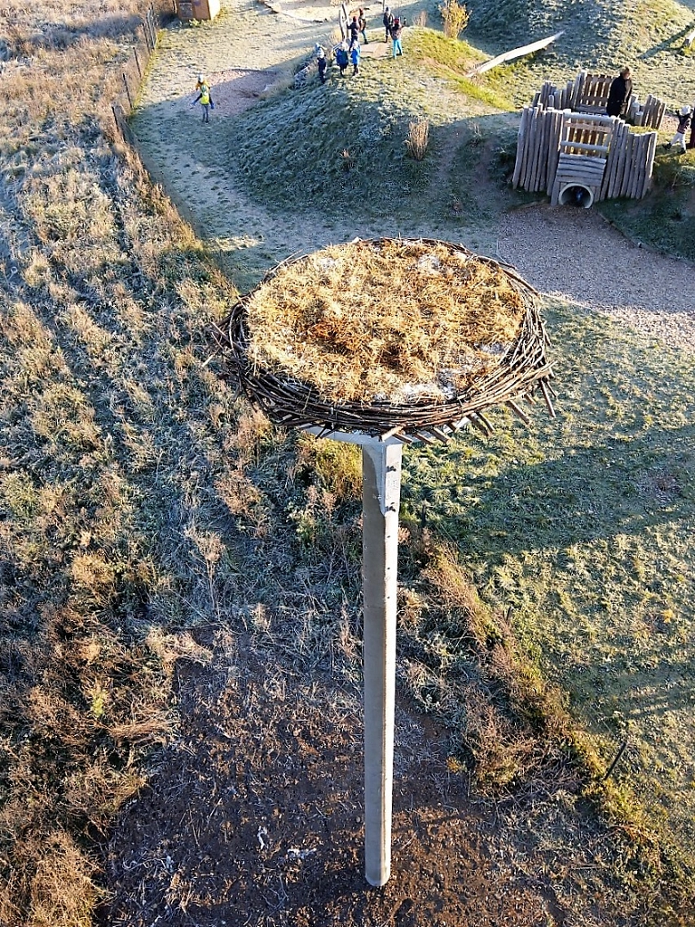 Blick aus der Luft auf den Storchenmast mit vorbereitetem Horst. © Uwe Seidel